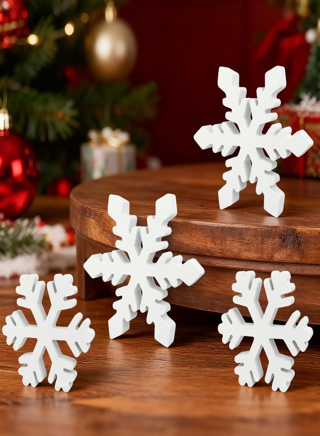 Leetous Wooden Snowflake Decorations for Table 4 PCS, Winter Wonderland Decor for Home Indoor Tiered Tray, Christmas Sign for Mantel Office Fireplace Bedroom, Holiday White Centerpiece for Kitchen House Desk - Image 1